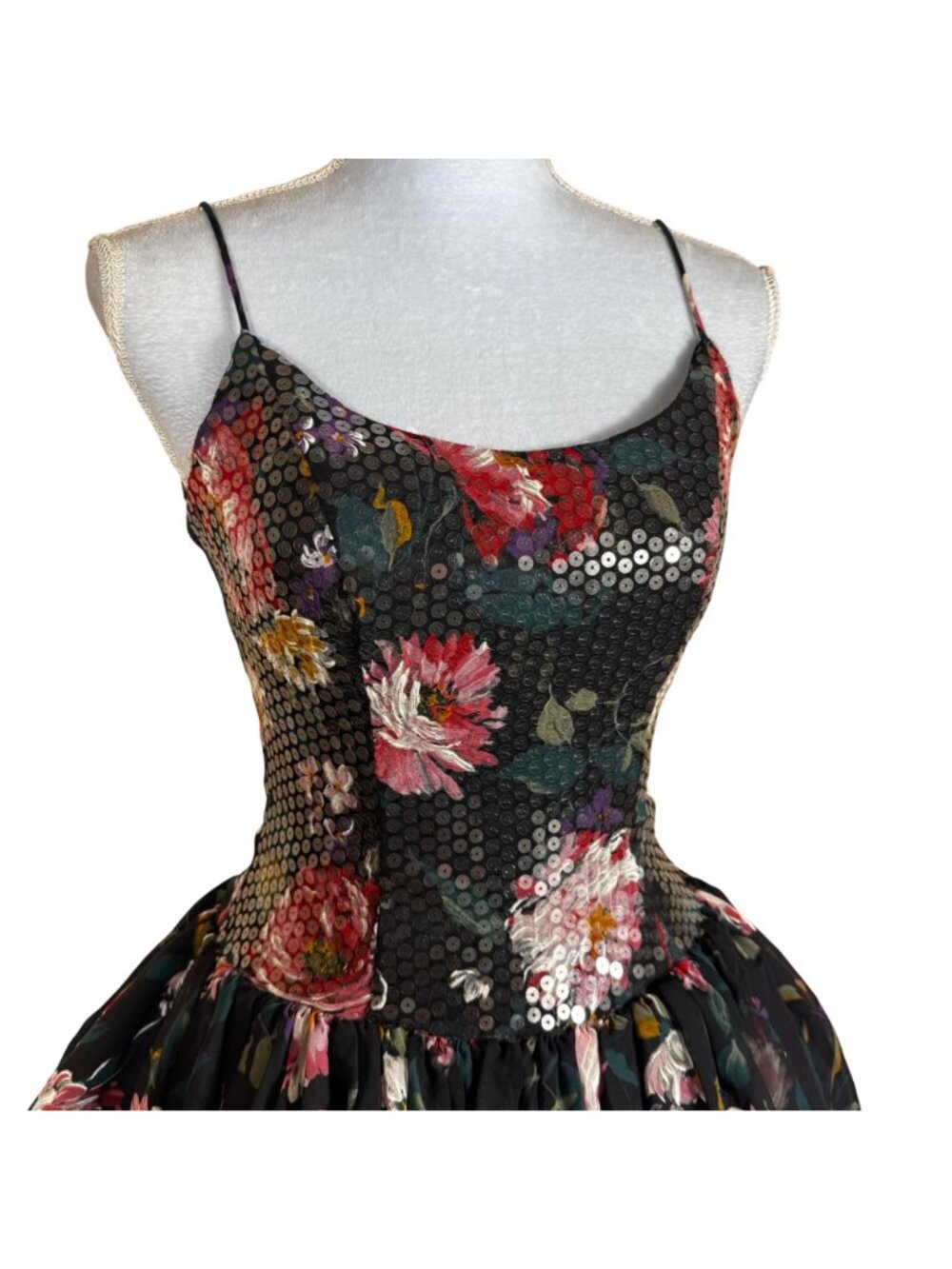 Vintage 80s Floral Sequin Party Dress Spaghetti Straps Fit & Flare - Picture 3 of 10